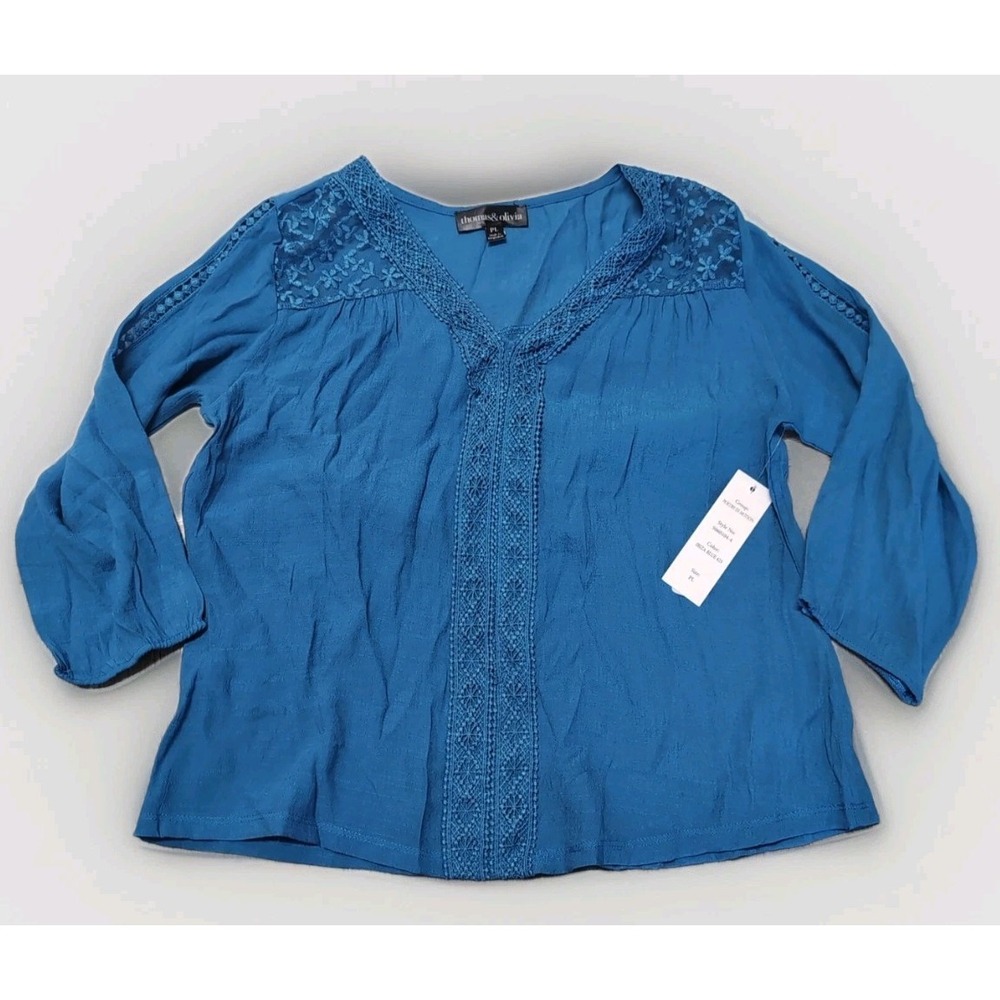 Thomas & Olivia Women Petite PL Blue Lace Embroidered Top Blouse Tunic 5060104-4